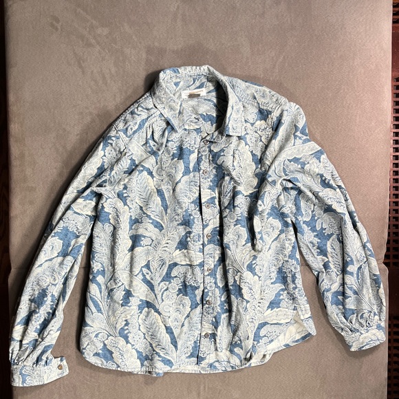 Antropologie Corduroy Paisely Blue and White Pattern Button Down Chore Shirt - Picture 4 of 9